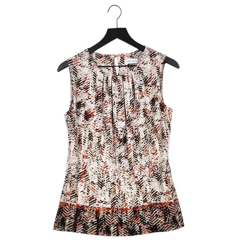 Calvin Klein‎ Sleeveless Top Medium Multi Geo Printed Pleated Career Stretch